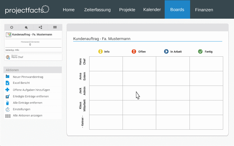 Individual board with status change in projectfacts