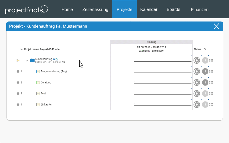 Project tasks in the Kanban board in projectfacts