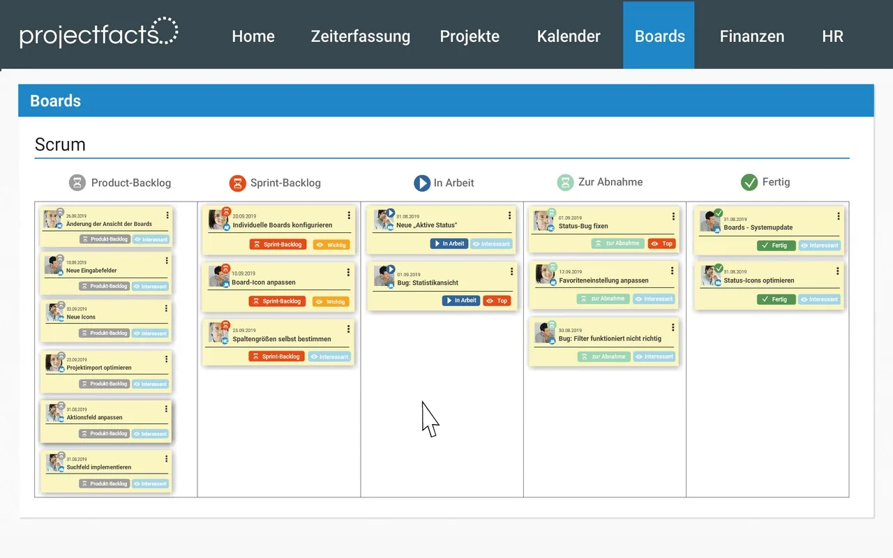 Scrum Board with product backlog in projectfacts