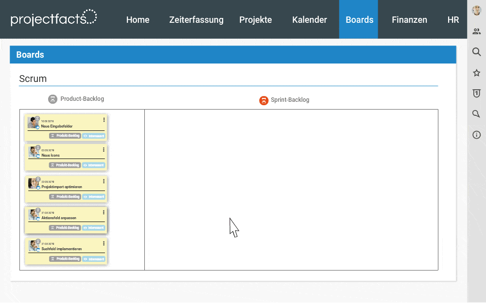 Sprint planning in the Scrum Board in projectfacts