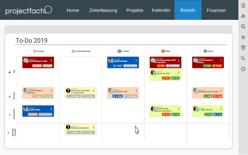 Search in the Kanban board in projectfacts