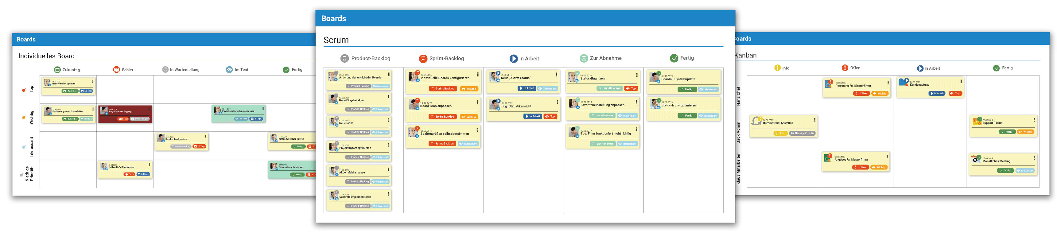 Board overview with Scrum and Kanban in projectfacts